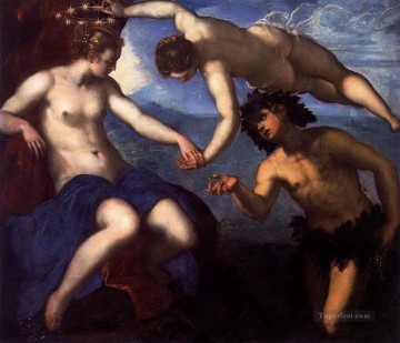 100 の偉大な芸術 Painting - ヤコポ・ティントレット・バッカスとヴィーナスの冠を戴くアリアドネ